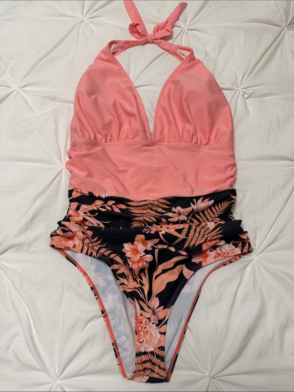 Woman’s Coral Halter One-Piece Swimsuit with Floral Skirt